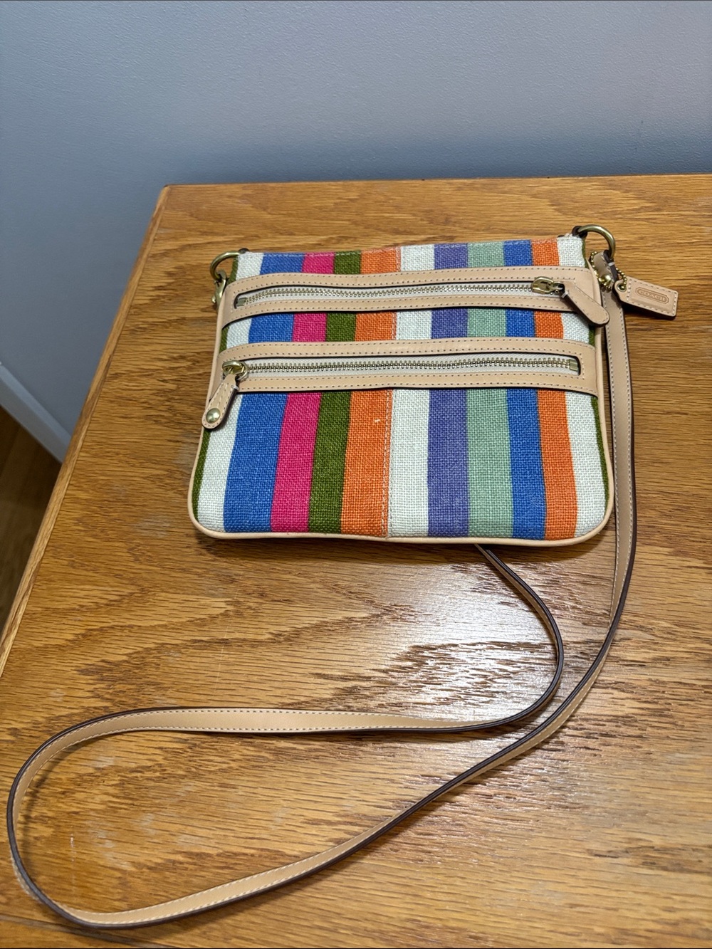 Coach Multicolor Striped Canvas Crossbody with Tan Trim